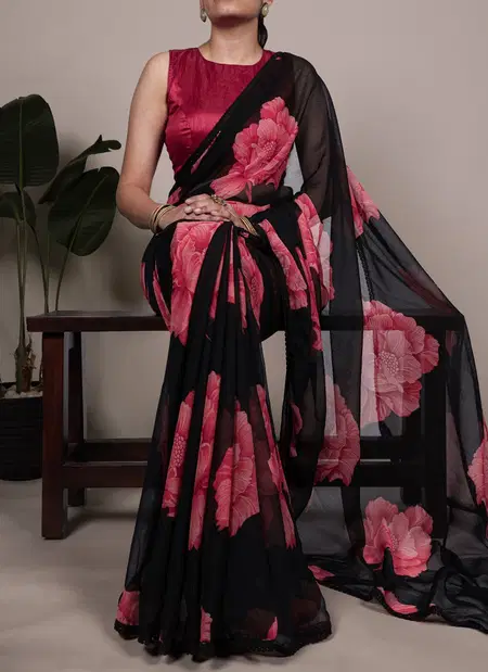 YNF7033 Chiffon With Floral Print With Lace Border Sarees Suppliers In India